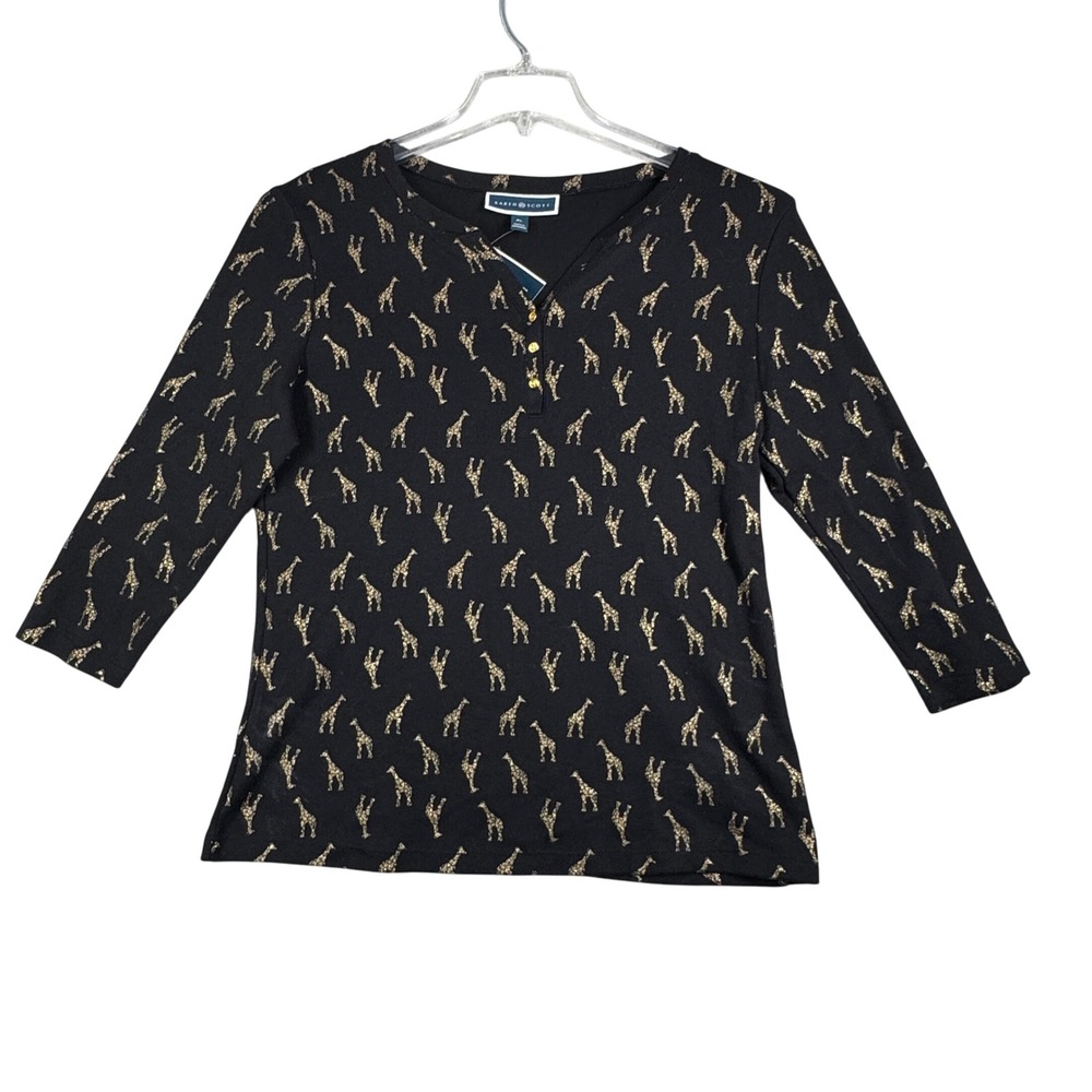 Karen Scott Shirt Black Gold Giraffe Print 3/4‎ Sleeve Novelty Size Large Petite
